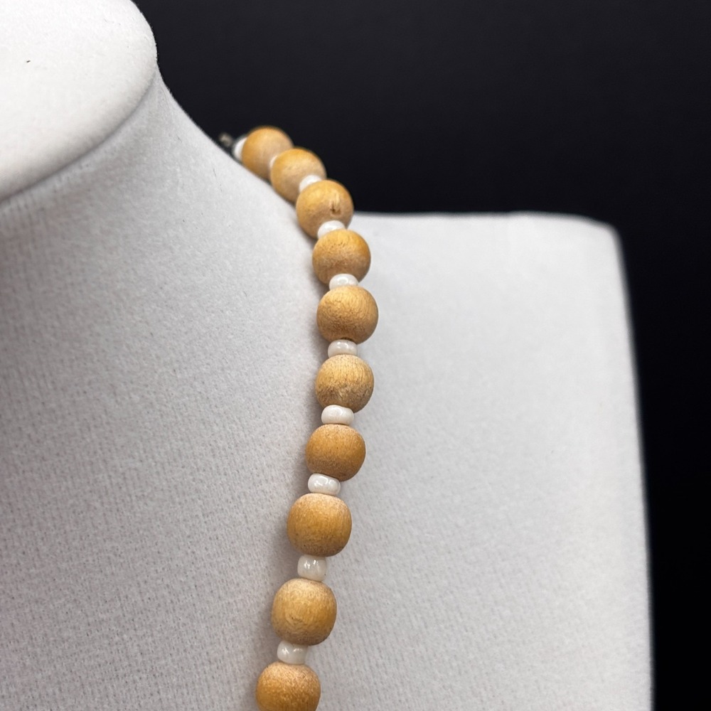 Vintage Yellow Agate Style Pendant Necklace Wood Bead Shell Chip Boho Statement - Picture 10 of 13